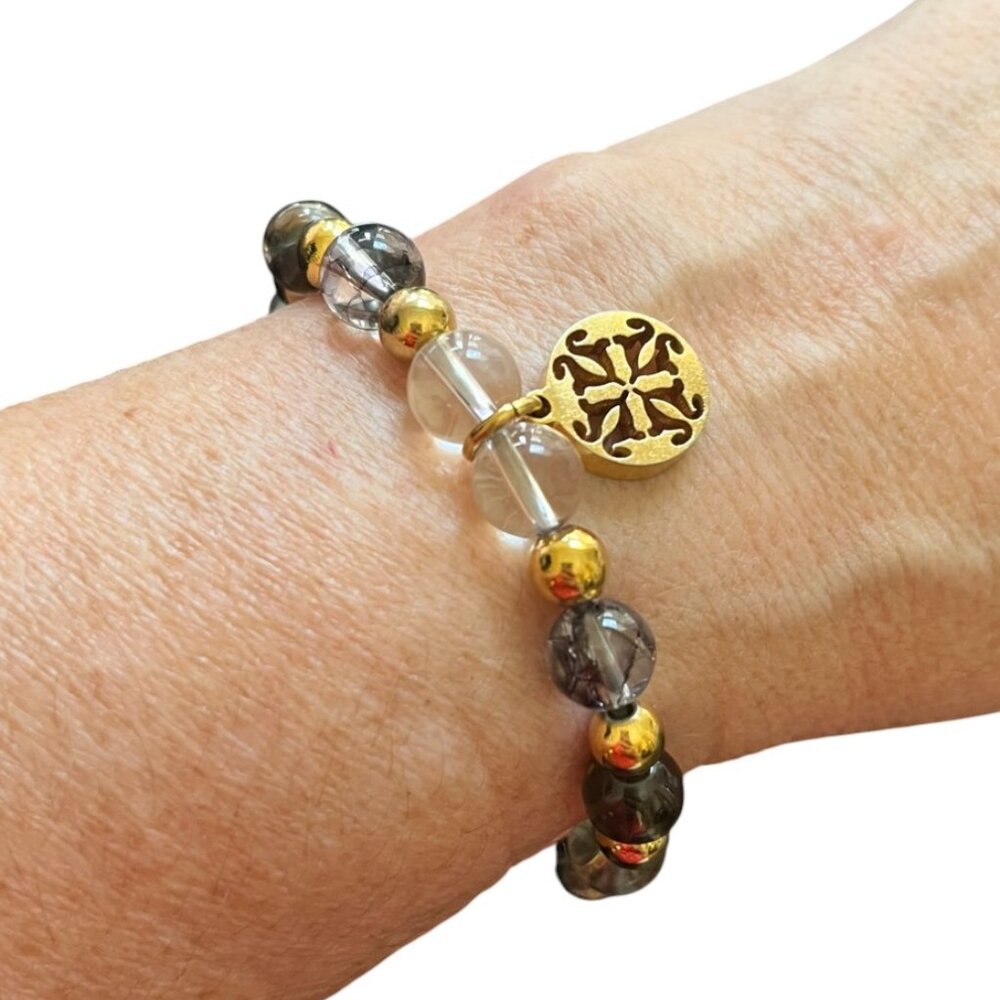 Rustic Cuff Glass and Stainless Beaded Stretch Logo Bracelet